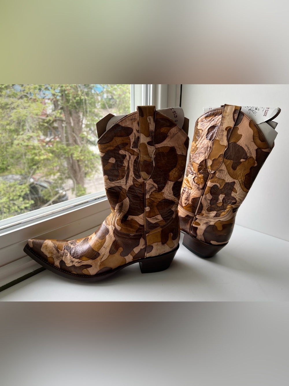 Old Gringo Brown Tan Cream Camo Print Leather Cowboy Boots 7 - Picture 13 of 16